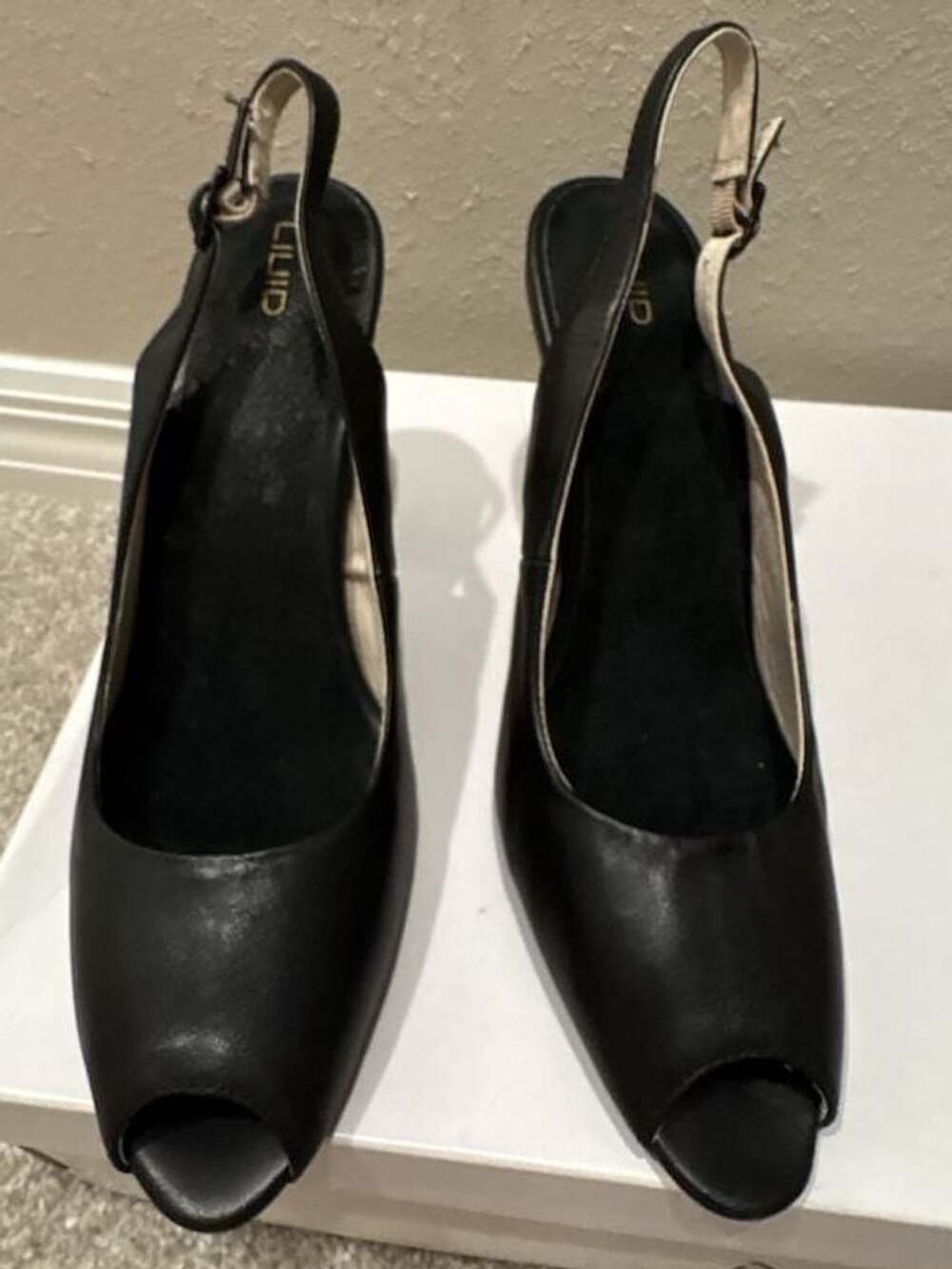 LIUID Black Leather Upper Slingback Peep Toe Heels